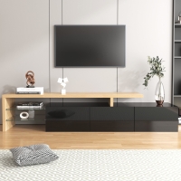 Moderne hoogglans tv-kast met glasplanken en 7-kleurige LED-verlichting, ruime opbergruimte en houtlook accenten, E1-MDF constructie, 197,5X39X42 cm, zwart