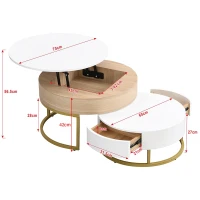 Ensemble de Tables Basses Relevables et Extensibles avec Deux Tiroirs, Design Élégant en MDF, 70x70x42/56,5 + 60x60x24 cm, Blanc(m-3)