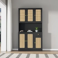 Armoire haute en rotin avec 6 portes et tiroir central ouvrant, adaptée pour séjour et entrée, 100x24-38x180 cm - meuble de rangement moderne, Noir(m-4)