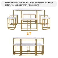 Modern Luxury Rattan 6 Seater Dining Table Set with Six Chairs, MDF Seat Cushions and Gold-Plated Iron Frames, Gold(m-4)