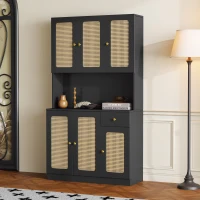 Armoire haute en rotin avec 6 portes et tiroir central ouvrant, adaptée pour séjour et entrée, 100x24-38x180 cm - meuble de rangement moderne, Noir(m-1)