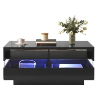 Hochglanz Couchtisch mit LED-Beleuchtung, zwei Ablagefächern und Schubladen, modernes Design, Schwarz(m-9)