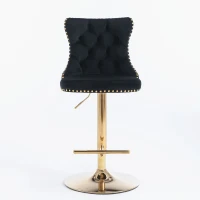 Set of 2 Adjustable Velvet Bar Stools, 360° Swivel, Gold Electroplated Legs, 62-82 cm Height, 45x45 cm Base, 136 kg Load Capacity, Black(m-7)