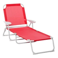 Outsunny Bain de Soleil Pliable - transat inclinable 4 Positions - Chaise Longue Grand Confort avec accoudoirs - métal époxy textilène - dim. 186L x 66l x 80H cm - Rouge(m-10)