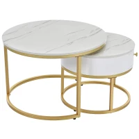 Ensemble de 2 Tables Basses Gigognes Modernes avec Effet Marbre Brillant, Structure en Métal, 70x70x48 cm et 50x50x43,5 cm, Blanc(m-10)
