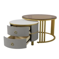 Runder Couchtisch MDF Metallbeine mit Schubladen für Wohnzimmer Gold+Grau(m-9)