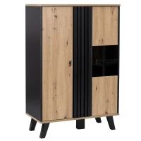 Beistellschrank mit LED-Beleuchtung, Glasvitrine und modernem Holzdesign, Schwarz + Holz(m-10)