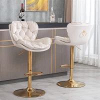 Set of 2 Kitchen Bar Stools with Rolling Edge Backrest and Gold Legs, 360° Rotatable Breakfast Bar Stools with Adjustable Seat Height, Beige(m-5)