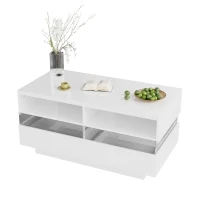 Hochglanz Couchtisch mit LED-Beleuchtung, zwei Ablagefächern und Schubladen, modernes Design, Weiß(m-5)