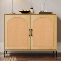 Rattan Aufbewahrungsschrank mit Metallgriffen und verstellbaren Regalböden, stilvoller Wohnzimmerschrank mit natürlichem Design und stabilen Metallbeinen, Helles Eichenholz(m-1)