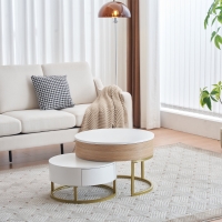 2-delige salontafelset, in hoogte verstelbaar en ruimtebesparend ineenschuivend ontwerp met twee lades, met verguld metalen frame en tafelbladen van duurzaam MDF, stabiele driedelige geleiders, 70X70X42/56,5 cm + 60X60X24 cm, wit