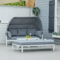 Outsunny 4 Pieces Outdoor Garden Sofa Set, Aluminum Patio Lounge Bed Furniture Set, with Canopy, Padded Cushions & Side Tables, White(m-14)
