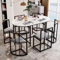 Modern Rattan 6 Seater Garden Dining Table Set with Backrest Chairs and Cushions, Black Iron Frame, 140x80x76 cm, Black