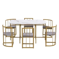 Six-Chair Dining Table Set, Modern Dining Table and Chairs with Backrests and Upholstery, Gold Iron Frame, 140x80x76 cm, Gold(m-9)