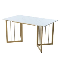 Modern Oblong Dining Room Tables with V-shaped Support Legs, Marble Top Extendable Table with Metal Frame, 140x80x75 cm, White+Gold(m-8)