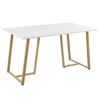 Modern Fodable Dining Table with Marble Pattern, Adjustable Metal Legs, Rectangular Kitchen Table for Dining Room, 140x80x75 cm, White+Gold(m-2)