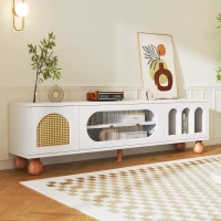 TV-Schrank mit Rattan-Optik, Glasschiebetüren, vergoldeten Griffen und Massivholzfüßen, Weiß und Holzfarbe(m-7)