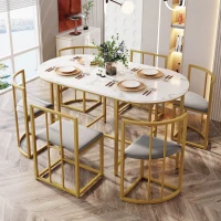 Six-Chair Dining Table Set, Modern Dining Table and Chairs with Backrests and Upholstery, Gold Iron Frame, 140x80x76 cm, Gold(m-8)