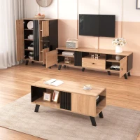 Beistellschrank mit LED-Beleuchtung, Glasvitrine und modernem Holzdesign, Schwarz + Holz(m-9)