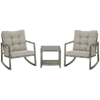 Outsunny Salon de jardin 2 personnes 3 pièces 2 chaises à bascule avec coussins + table basse plateau verre trempé résine tressée aspect rotin gris(m-10)