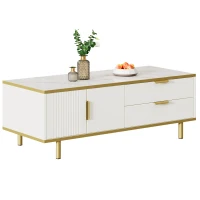 Table basse moderne avec tiroirs, design rayé, plateau en faux marbre et détails en métal doré, 100x50x43 cm, Blanc(m-2)