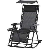 Outsunny Garden Rocking Chair Folding Recliner Outdoor Adjustable Sun Lounger Rocker Zero-Gravity Seat with Headrest Side Holder Patio Deck - Black(m-11)