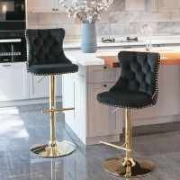 Set of 2 Adjustable Velvet Bar Stools, 360° Swivel, Gold Electroplated Legs, 62-82 cm Height, 45x45 cm Base, 136 kg Load Capacity, Black(m-1)