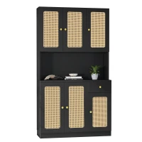 Armoire haute en rotin avec 6 portes et tiroir central ouvrant, adaptée pour séjour et entrée, 100x24-38x180 cm - meuble de rangement moderne, Noir(m-2)