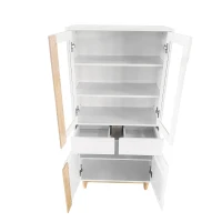 Wohnzimmer-Hochkommode mit Acrylglas-Türen und Rattanmuster, verstellbare Einlegeböden und Echtholzbeine, Natürliche farben(m-6)