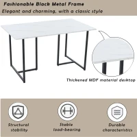 Modern Oblong Dining Room Table with L-Shaped Support Legs, Marble Top Extendable Table with Metal Frame, 140x80x75 cm, White+Black(m-4)