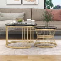 Ensemble de 2 Tables Basses Modernes Gigognes en MDF avec Finition Effet Marbre et Structure Métallique Dorée, 70x70x47 cm + 45x45x40 cm, Noir(m-4)