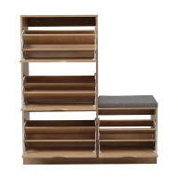 Schuhschrank mit 4 Klappen und Sitzbank, weiches Sitzkissen, grifflose Schuhkommode in Naturholzoptik, Natur(m-5)