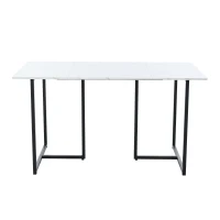 Modern Oblong Dining Room Table with L-Shaped Support Legs, Marble Top Extendable Table with Metal Frame, 140x80x75 cm, White+Black(m-9)