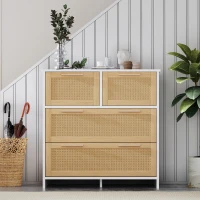 Hochwertiger Rattanschrank mit 4 Schubladen und Massivholzgriffen für Schlafzimmer, Wohnzimmer und Flur, Natürlich+Weiß(m-1)