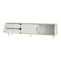 Meuble TV Bas avec Texture Sculptée, Poignées et Pieds Dorés, Structure Effet Marbre pour Salon, 175x40x45 cm - Style Scandinave, Blanc(m-4)