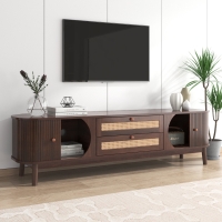 TV-meubel 170 cm, landhuisstijl met handgevlochten rattan zijpanelen en veel opbergruimte (deuren en lades), massief hout en spaanplaat, robuuste houten poten en eenvoudige montage, 170X39,5X46 cm, houtkleur
