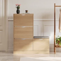 Schuhschrank mit 4 Klappen und Sitzbank, weiches Sitzkissen, grifflose Schuhkommode in Naturholzoptik, Natur(m-1)