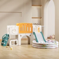 Toboggan pour enfants multifonctionnel 6 en 1 avec rampe, double plateforme, casiers, panier de basket et échelle，174x150x95 cm, Vert antique(m-4)