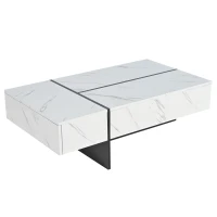 Table basse moderne relevable avec éclairage LED intégré, 16 couleurs, surface brillante effet marbre et 3 tiroirs, 105x60x35 cm, Blanc(m-2)