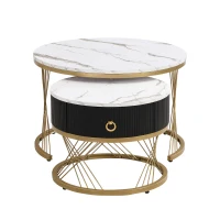 Lot de 2 tables basses gigognes modulables en marbre synthétique avec tiroirs, 70x70x45 cm et 50x50x40 cm, Blanc(m-6)