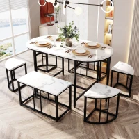 Modern Luxury 6 Seater Dining Table Set with Six Chairs, MDF Seat Cushions and Gold-Plated Iron Frames, Black(m-8)