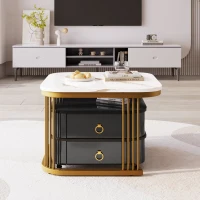 Ensemble de 2 Tables Basses Gigognes avec Plateau en Marbre Brillant et Verre, Structure en Métal et Tiroirs, 60x60x42 cm + 50x50x34 cm, Noir(m-4)