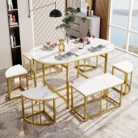 Modern Luxury Rattan 6 Seater Dining Table Set with Six Chairs, MDF Seat Cushions and Gold-Plated Iron Frames, Gold(m-1)