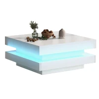 Table basse moderne relevable avec éclairage LED à 16 couleurs, 70x70x36 cm, capacité maximale 30 kg, Blanc(m-8)