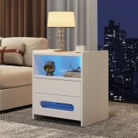 Ensemble de 2 tables de chevet modernes avec éclairage LED, 2 tiroirs et télécommande, en mélamine de haute qualité, pour chambre, Noir + Blanc(m-1)