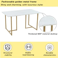 Modern Rectangular Extendable Dining Table with Adjustable L-shaped Support Legs, Marble Pattern Top, Table for Dining Room Living Room, 140x80x75 cm, White/Gold(m-4)