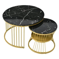 Ensemble de 2 Tables Basses Modernes Gigognes en MDF avec Finition Effet Marbre et Structure Métallique Dorée, 70x70x47 cm + 45x45x40 cm, Noir(m-2)