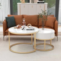 Ensemble de 2 Tables Basses Gigognes Modernes avec Effet Marbre Brillant, Structure en Métal, 70x70x48 cm et 50x50x43,5 cm, Blanc(m-1)