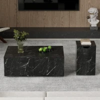 Table basse multifonctionnelle gigogne modulable en marbre, grande table avec tiroirs, petite table avec rangement, 100x33,5x70 cm + 32x32x50 cm, Noir(m-5)