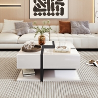 Salontafel met artistiek design en hoogglansafwerking, 4 uittrekbare laden en ruime onderplank, spaanplaat, compact vierkant 78X78X36 cm, wit en zwart